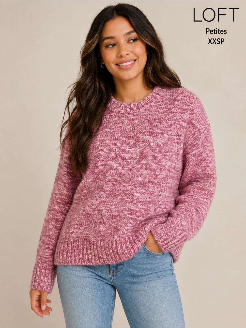 LOFT Petites Pink Marled Sweater XXSP Cozy Soft Knit Crewneck Petite